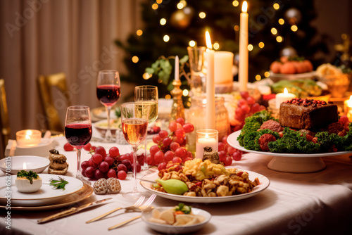 Festive Christmas Dinner: Roast Chicken or Turkey on a Beautifully Decorated Table