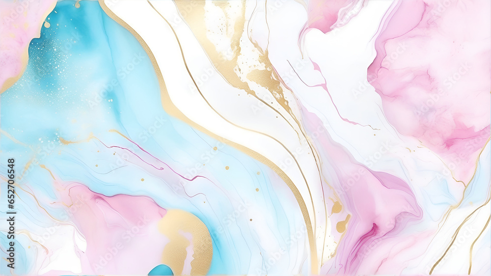 Fototapeta premium Abstract gold, blue and pink swirl wave background. Flow liquid lines design element. Generative AI, Generative, AI