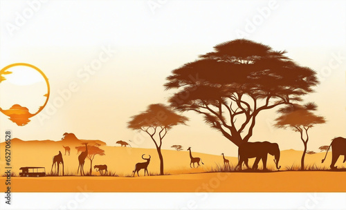 Silhouette of animals of the African savannah. Lions give out among the trees. Landscape of wild nature. Africa. Generative AI  Generative  AI