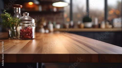 Kitchen table top for product display with blurred modern interior