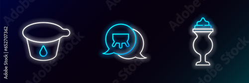 Set line Milkshake, Yogurt container and Udder icon. Glowing neon. Vector