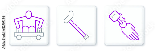 Set line Prosthesis hand, Man without legs sitting wheelchair and Walking stick cane icon. Vector