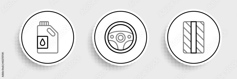 Set line Car tire wheel, Canister for motor oil and Steering icon. Vector Set line Car tire wheel, Canister for motor oil and Steering icon. Vector