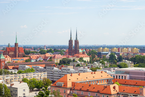 Cathedral of st. John the Baptist, Collegiate Church of the Holy Cross and residential buildings in Wroclaw, Poland. Top view from the Bridge of Penitents of Cathedral of St. Mary Magdalene