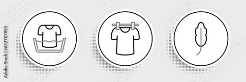 Set line Feather, Basin with shirt and Drying clothes icon. Vector