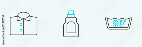 Set line Temperature wash, T-shirt and Bottle for cleaning agent icon. Vector