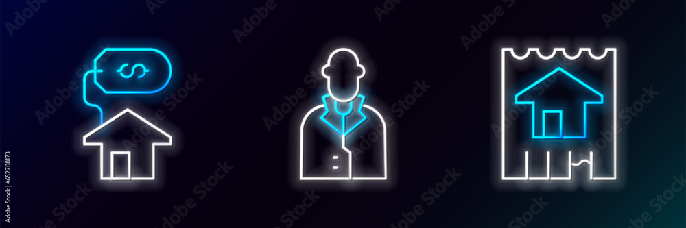Set line House, with dollar and Realtor icon. Glowing neon. Vector Set line House, with dollar and Realtor icon. Glowing neon. Vector