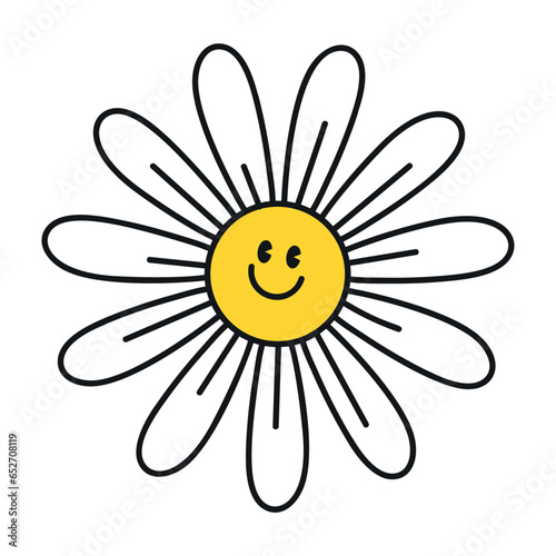Groovy daisy flowers face collection. Retro chamomile smiles in cartoon style. Happy stickers set from 70s. Vector graphic illustration