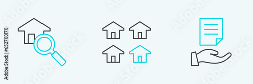Set line House contract, Search house and Real estate icon. Vector