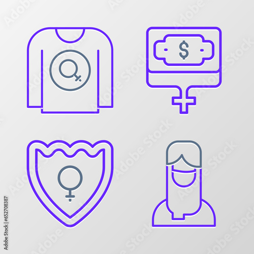 Set line Muslim woman in hijab, Gender shield, Female, Money growth and Feminist shirt icon. Vector