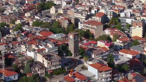 Clock tower of Livadeia city in Greece - Aerial shot photo