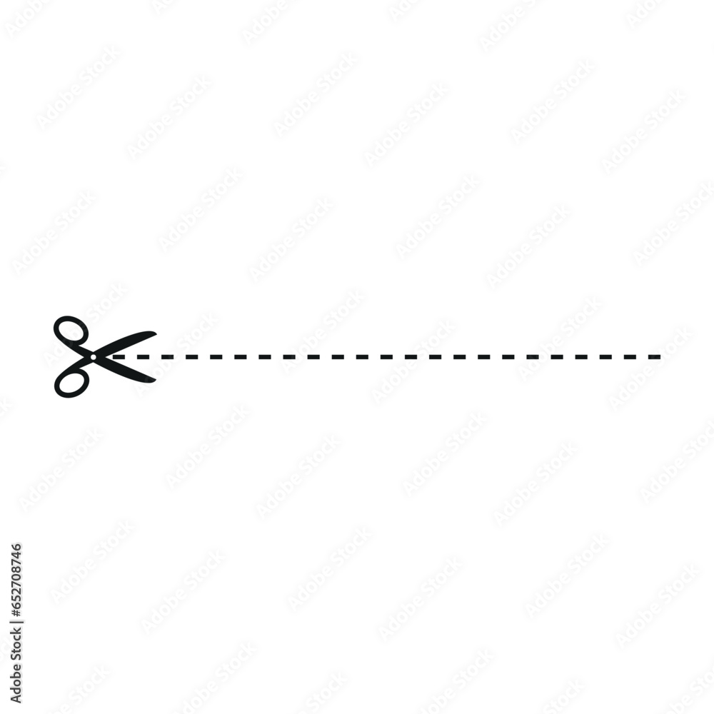 Cut line icon with scissor, cut here guidance, scissors and dash. Coupon mark and symbol for