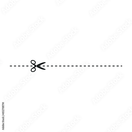Cut line icon with scissor, cut here guidance, scissors and dash. Coupon mark and symbol for cropping, signifying voucher. Flat vector illustrations isolated in background.
