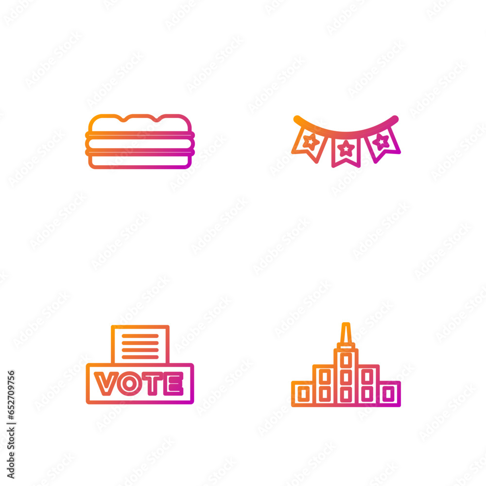 Set line City landscape, Vote box, Sandwich and Carnival garland with flags. Gradient color icons. Vector Set line City landscape, Vote box, Sandwich and Carnival garland with flags. Gradient color icons. Vector
