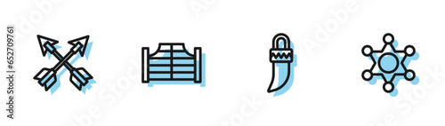 Set line Tooth, Crossed arrows, Saloon door and Hexagram sheriff icon. Vector