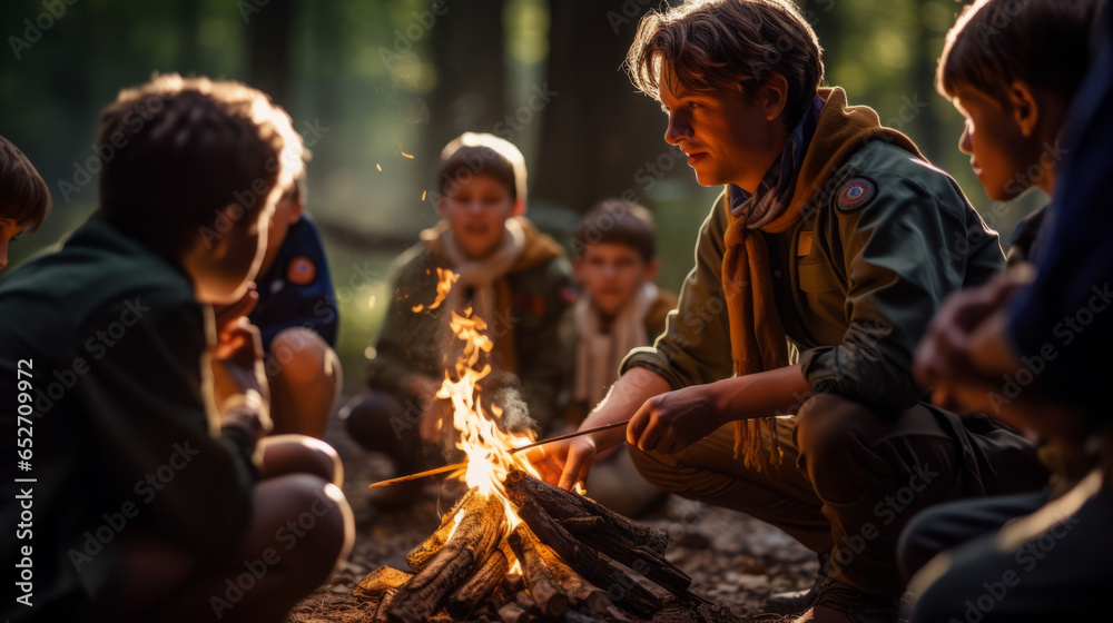 Group of boys scouts on an adventurous camping trip, learning essential outdoor skills, like setting up camp, cooking over an open fire - obrazy, fototapety, plakaty 
