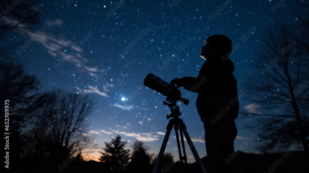 Young boy kid astronomer at a night of stargazing. He gazes through telescopes, marveling at distant galaxies and constellations, expanding his understanding of the cosmos.