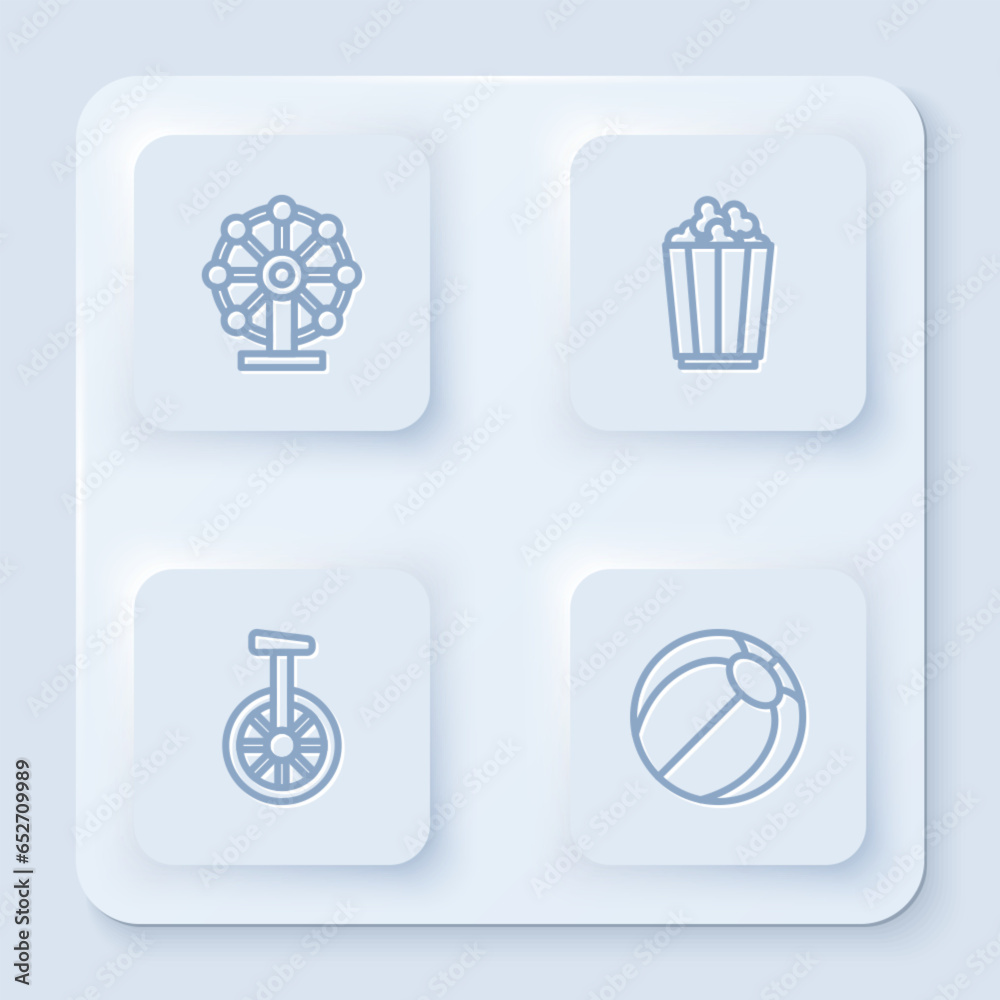 Set line Ferris wheel, Popcorn in box, Unicycle one bicycle and Beach ball. White square button. Vector Set line Ferris wheel, Popcorn in box, Unicycle one bicycle and Beach ball. White square button. Vector