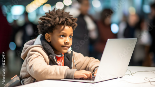 Young boy kid immersed in a coding competition in front of a laptop computer solving complex programming challenges and develops innovative software solutions