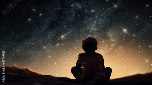 Print op canvas Young boy kid astronomer at a night of stargazing
