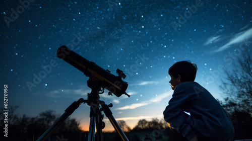 Foto Young boy kid astronomer at a night of stargazing