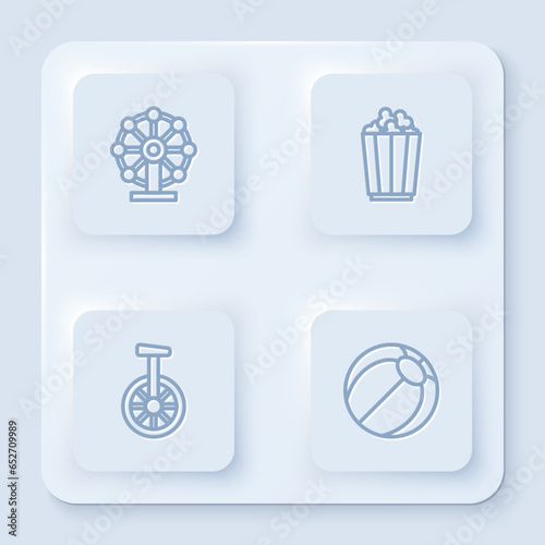 Set line Ferris wheel, Popcorn in box, Unicycle one bicycle and Beach ball. White square button. Vector