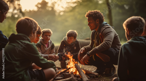 Group of boys scouts on an adventurous camping trip, learning essential outdoor skills, like setting up camp, cooking over an open fire
