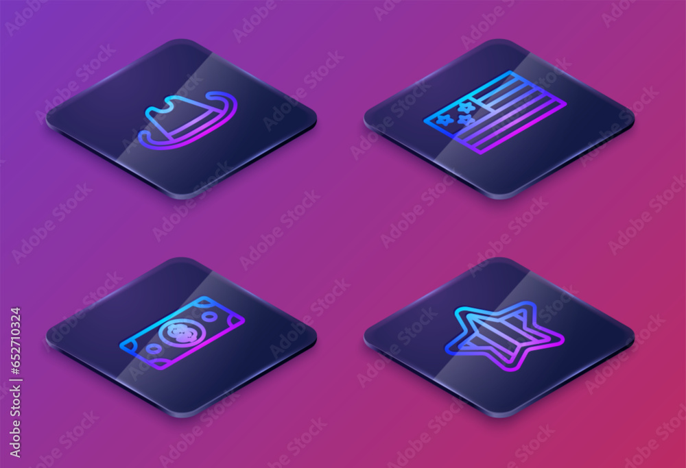 Set Isometric line Western cowboy hat, Stacks paper money cash, American flag and USA Independence day. Blue square button. Vector Set Isometric line Western cowboy hat, Stacks paper money cash, American flag and USA Independence day. Blue square button. Vector