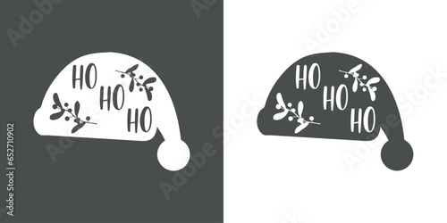 Saludo de Navidad. Logo con palabras en texto manuscrito Ho Ho Ho en silueta de gorro Papá Noel para su uso en invitaciones y felicitaciones