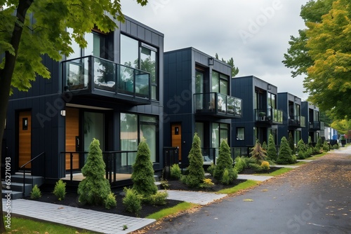Modern modular private grey townhouses. Residential architecture exterior  © JAYDESIGNZ