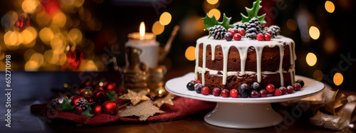 A Deliciously Prepared Rustic Cake Adorned with Whipped Cream, Red Berries, Pinecones, Holly Decorations, Surrounded by Festive Candles and Twinkling Christmas Lights
