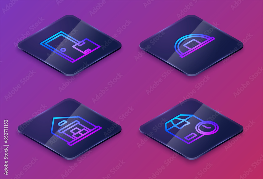 Set Isometric line Home delivery services, Warehouse, and Cardboard box with clock. Blue square button. Vector Set Isometric line Home delivery services, Warehouse, and Cardboard box with clock. Blue square button. Vector