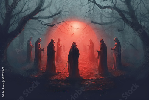 Group of mystery people in a red hooded cloaks. Generative Ai