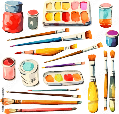 Set of drawing equipment in watercolor style