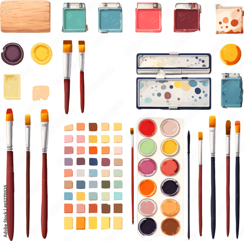Set of drawing equipment in watercolor style Set of drawing equipment in watercolor style