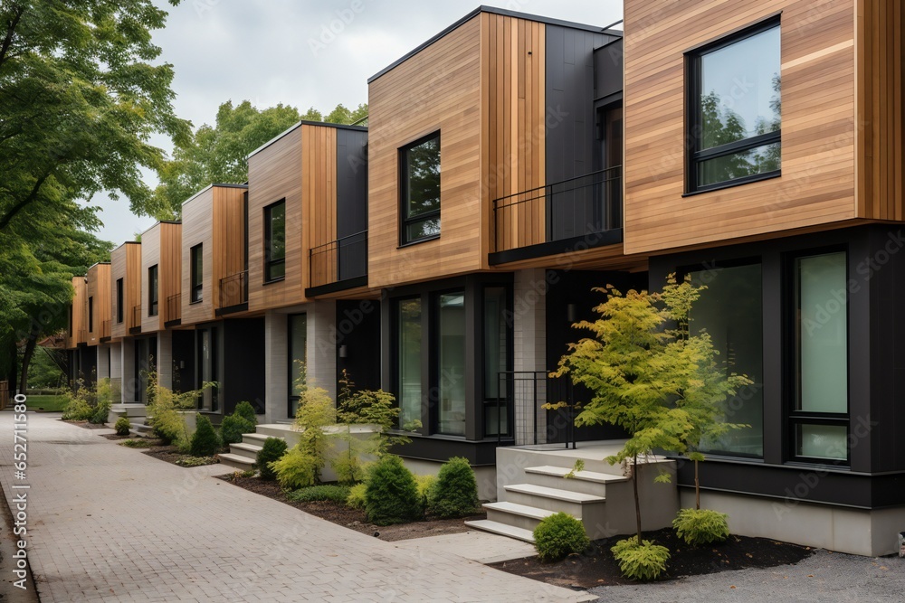 Modern modular private wooden townhouses. Residential architecture exterior