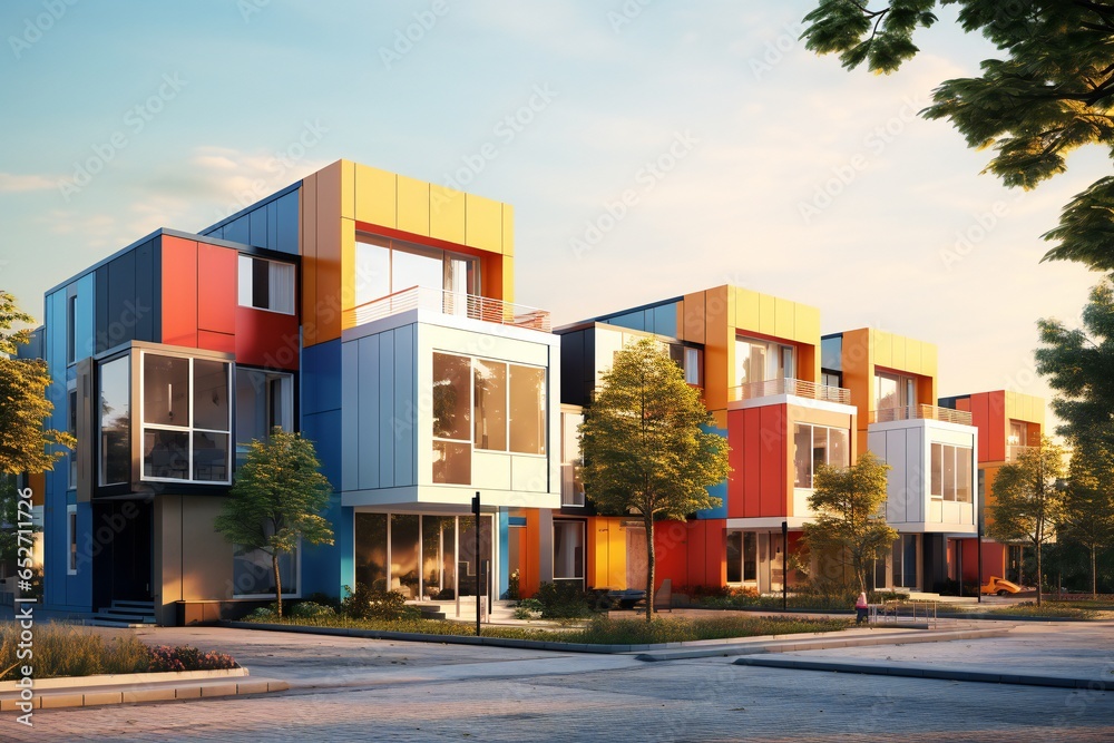 Modern modular private colorful townhouses. Residential architecture exterior