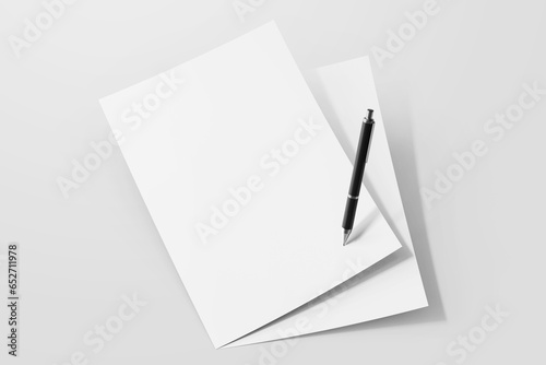 blank portrait vertical minimal a4 certificate achievement paper with black signature pen realistic mockup template isolated