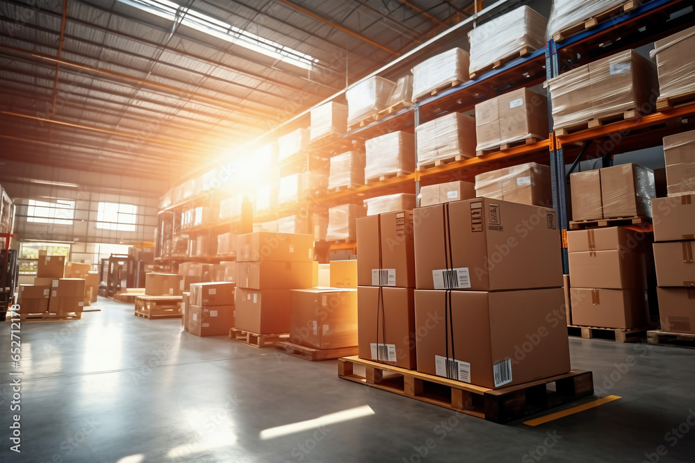 A large warehouse filled with neatly stacked boxes. Selective focus. Large space for storing and moving goods. Logistics. Trade in the modern world. A large warehouse filled with neatly stacked boxes. Selective focus. Large space for storing and moving goods. Logistics. Trade in the modern world.