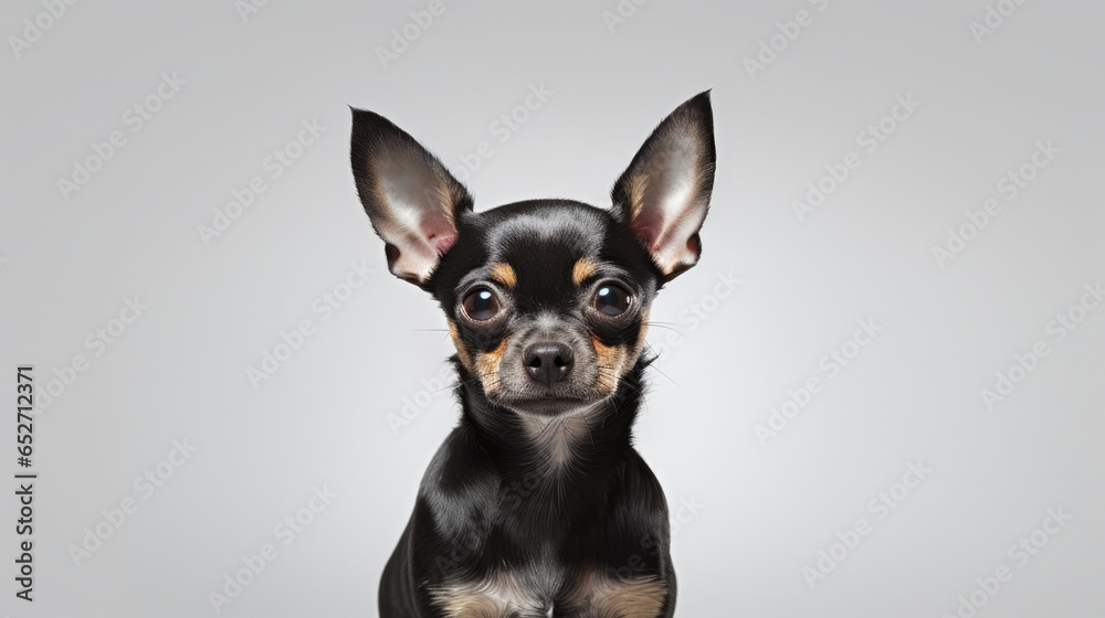 Black and tan Chihuahua dog isolated against a grey background.