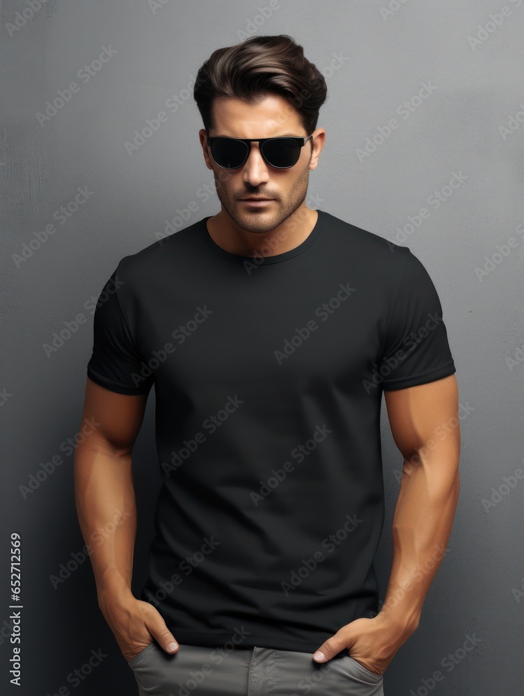 Portrait of a handsome man wearing a black t-shirt and sun glasses and posing against a grey background