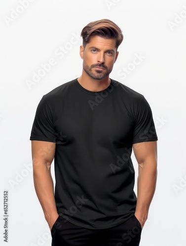 Portrait of a handsome man wearing a black t-shirt and posing against white background
