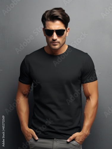 Portrait of a handsome man wearing a black t-shirt and sun glasses and posing against a grey background