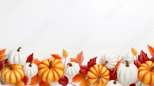 Pumpkins and fall leaves 3d realistic horizontal frame