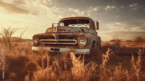 A vintage-style photo of an old, rusted pickup truck in a sun-soaked field exudes a washed-out, nostalgic charm.