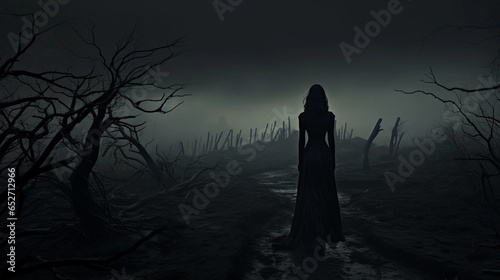 The Silhouette of a Woman Wearing a Long Black Gown Staring at a Foggy Landscape