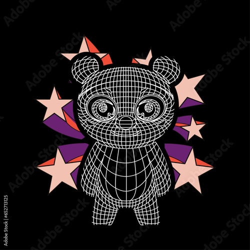 T-shirt design of a bear surrounded by stars on a black background. Linear illustration for Valentine's Day.