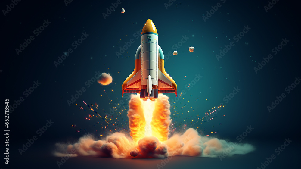 Fototapeta premium rocket start 3d cartoon graphics computer design idea startup internet technology speed