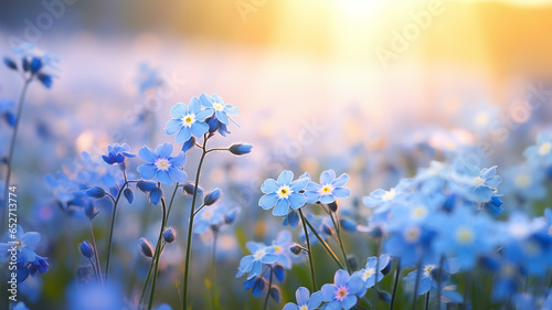 forget-me-nots, landscape in a field on a foggy morning, small wild flowers, delicate soft color softpastel tones