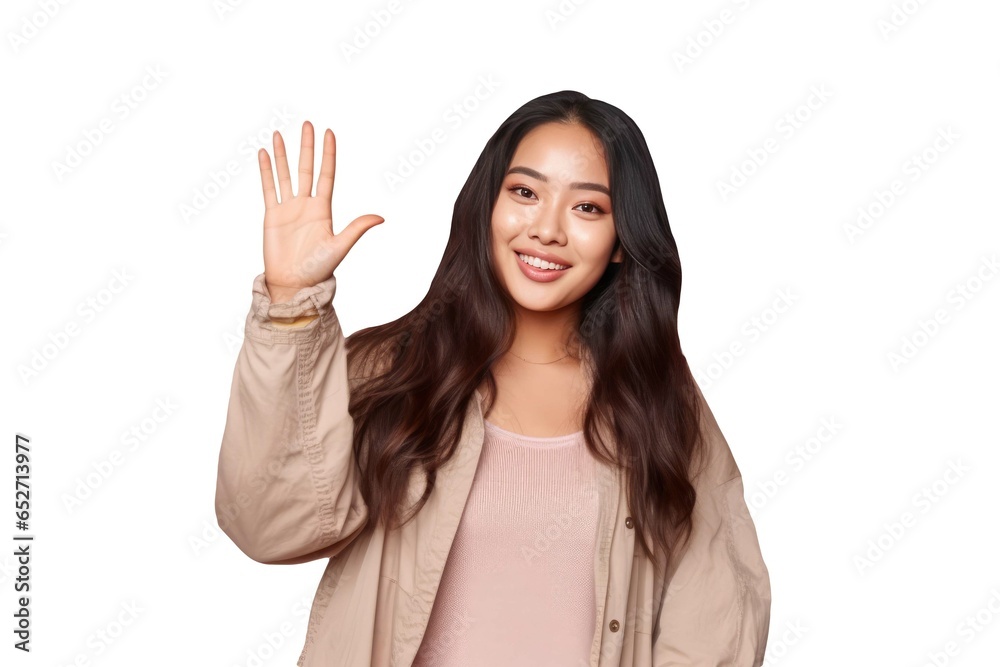 A Fictional Character Created By Generative AI.A Young Asian Girl Wearing Peach Shirt and Jacket and Raising Hand. Generative AI Character. A Fictional Character Created By Generative AI.A Young Asian Girl Wearing Peach Shirt and Jacket and Raising Hand. Generative AI Character.